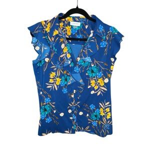 Calvin Klein Blue Classy Floral Ruffled Light Sleeveless Blouse Sz Petite Medium